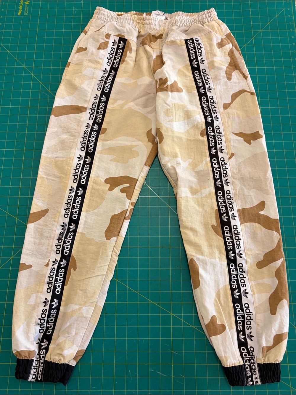 Adidas R.Y.V. Track Sweatpants in Khaki Desert Camo Joggers w/ Logo, Womens